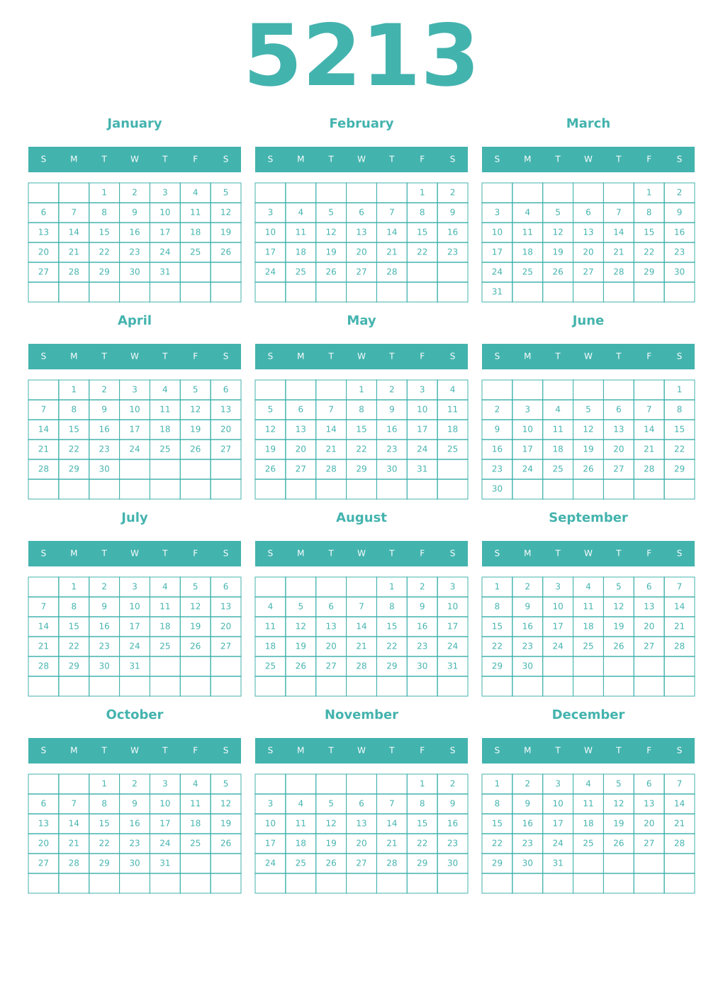 Printable 5213 Year Calendars verdigris