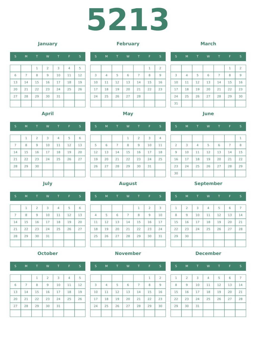 Printable 5213 Year Calendars viridian
