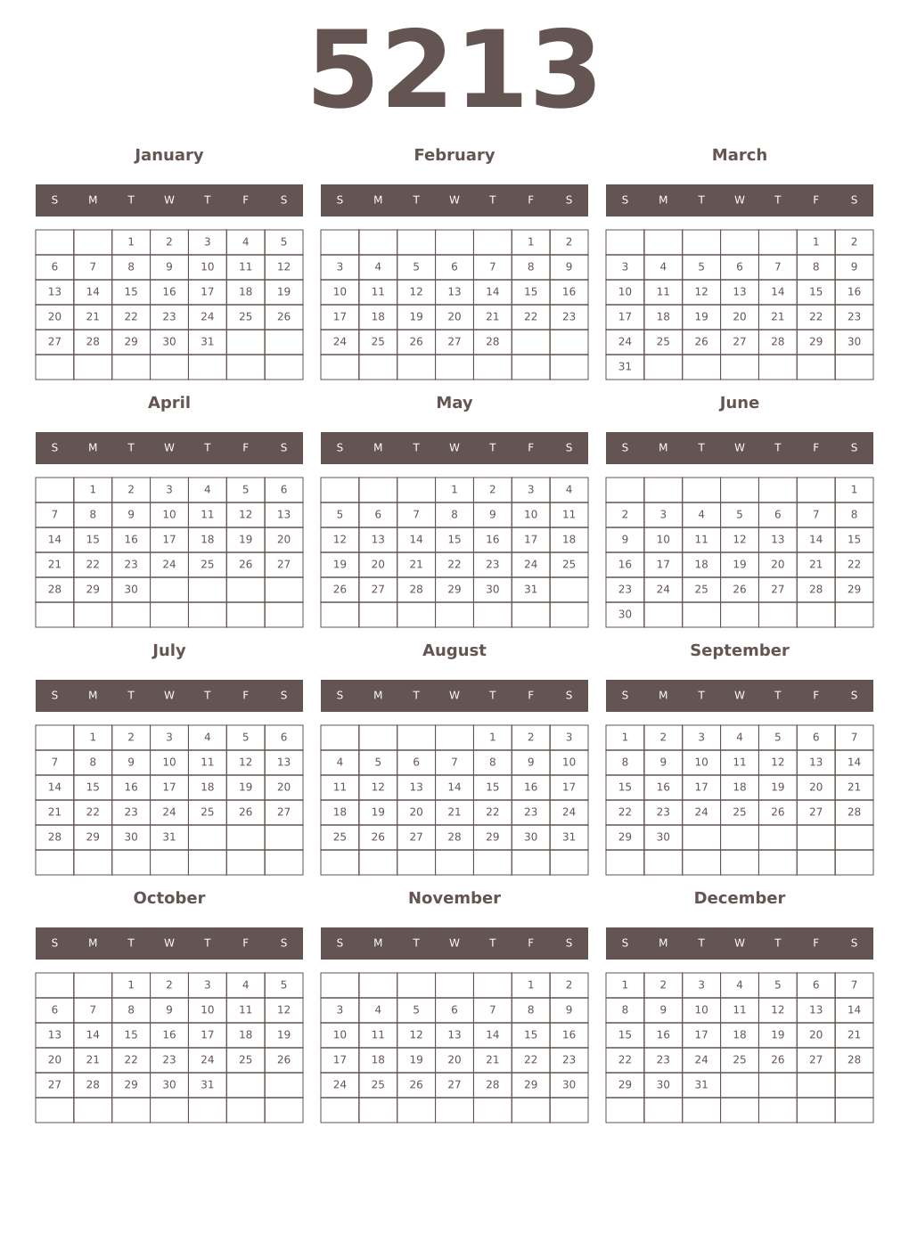 Printable 5213 Year Calendars wenge