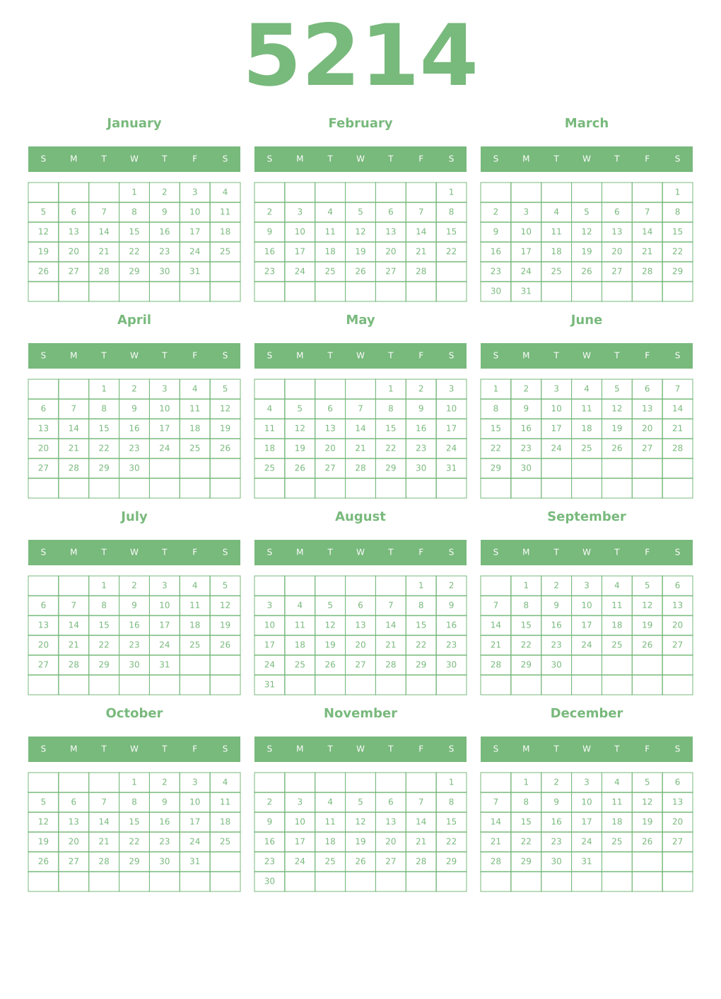 Printable 5214 Year Calendars celadon