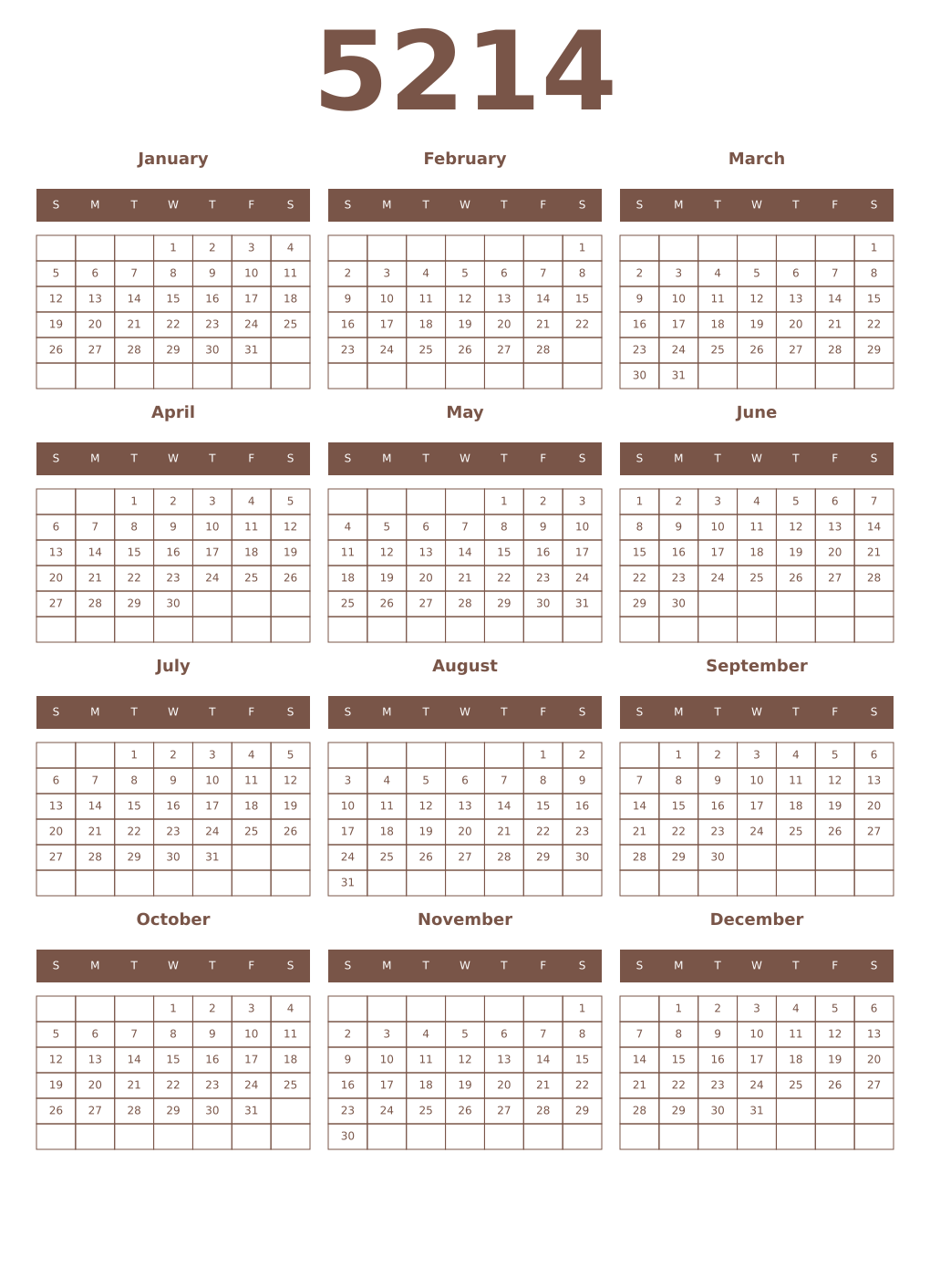 Printable 5214 Year Calendars coffe