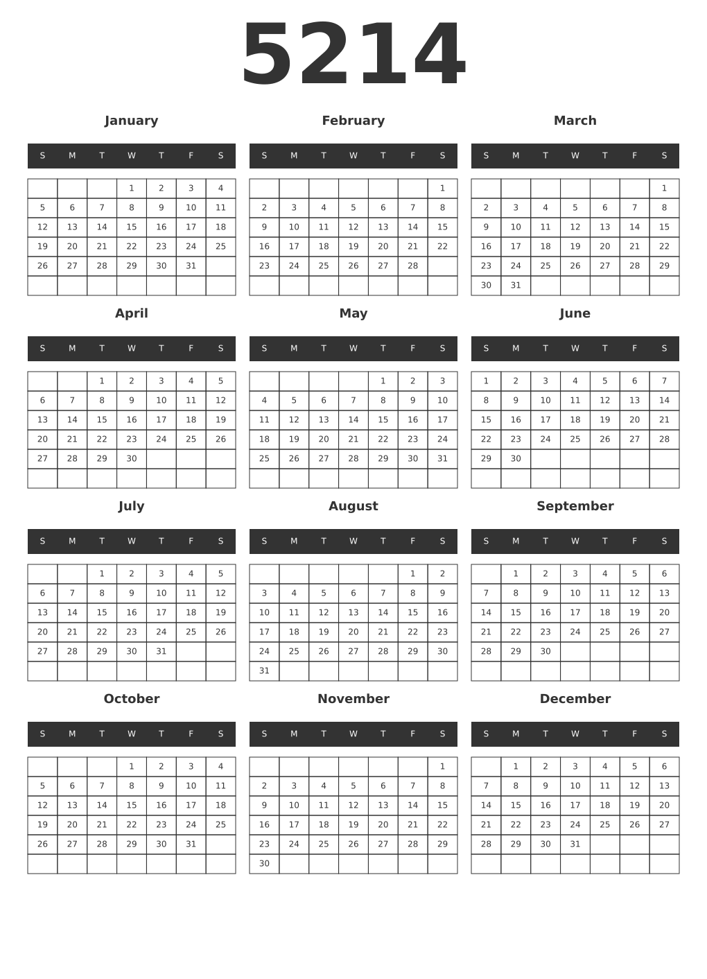 Printable 5214 Year Calendars dark