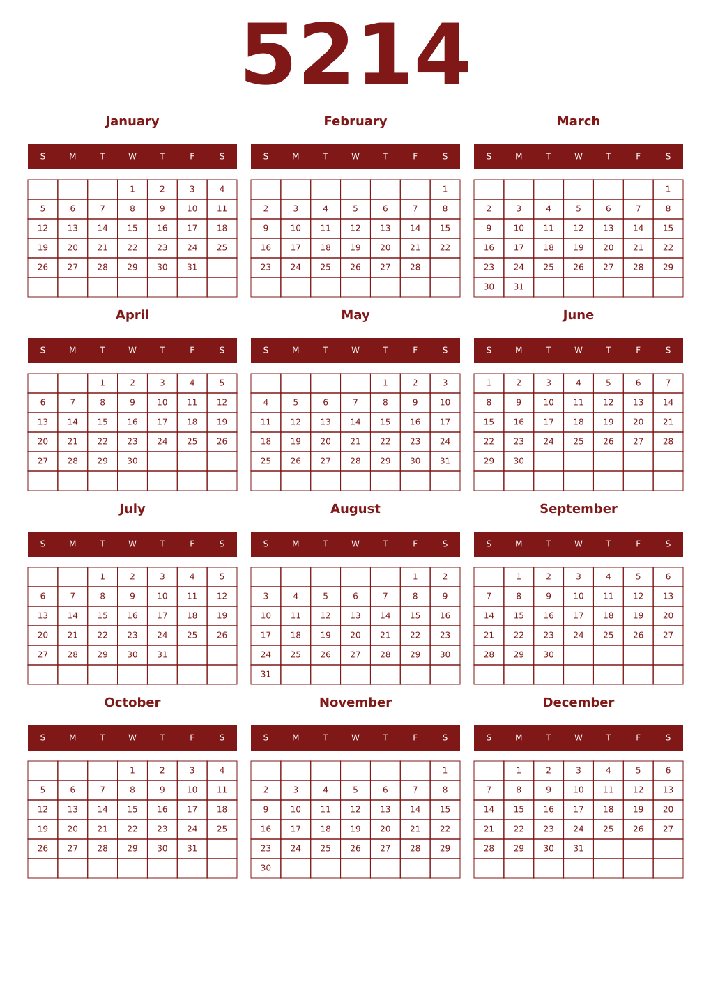Printable 5214 Year Calendars falu