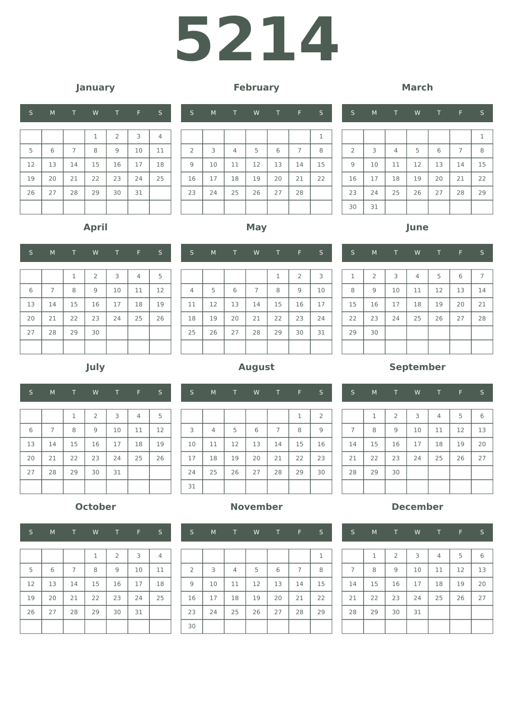 Printable 5214 Year Calendars feldgrau