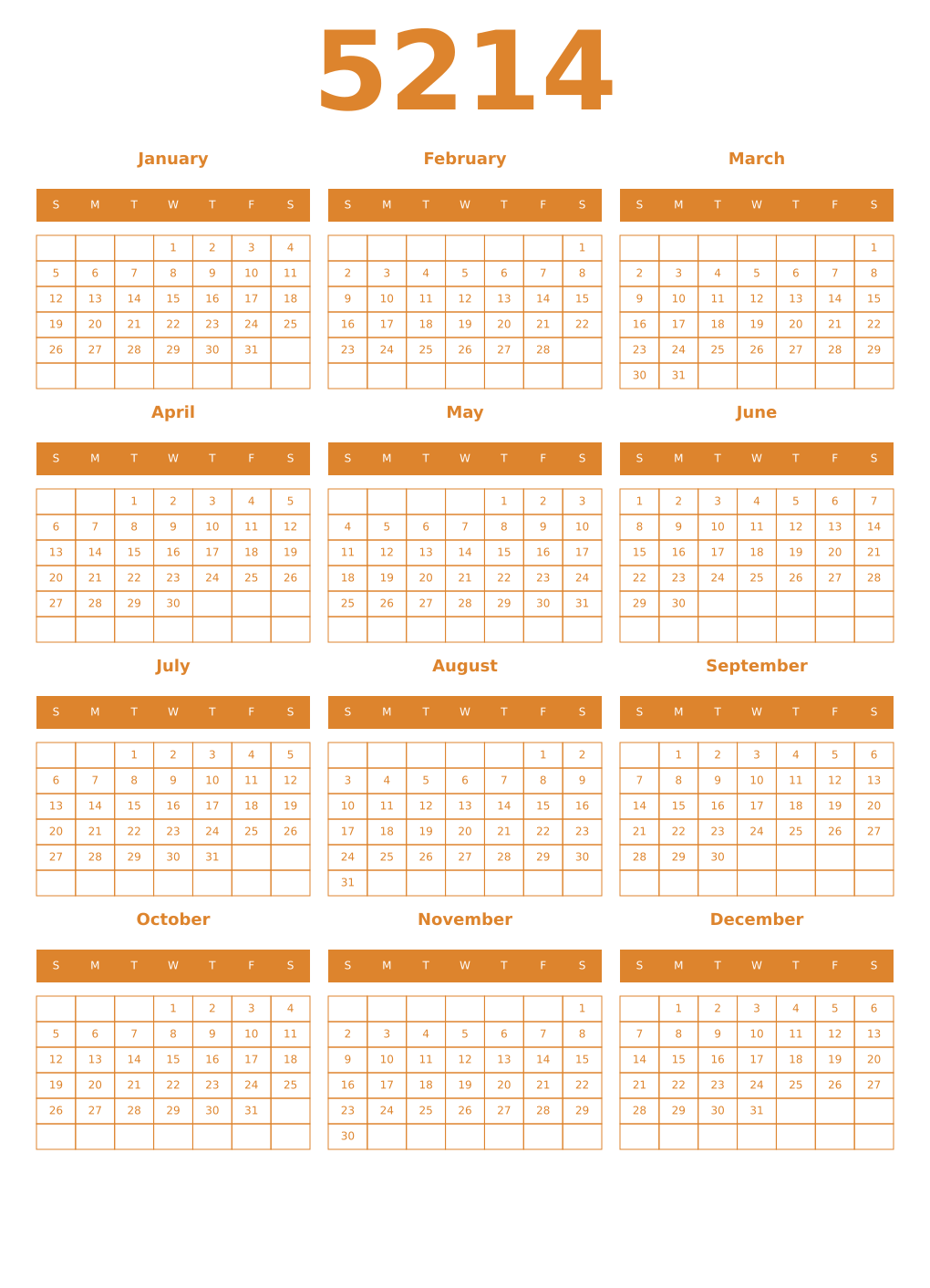 Printable 5214 Year Calendars orange