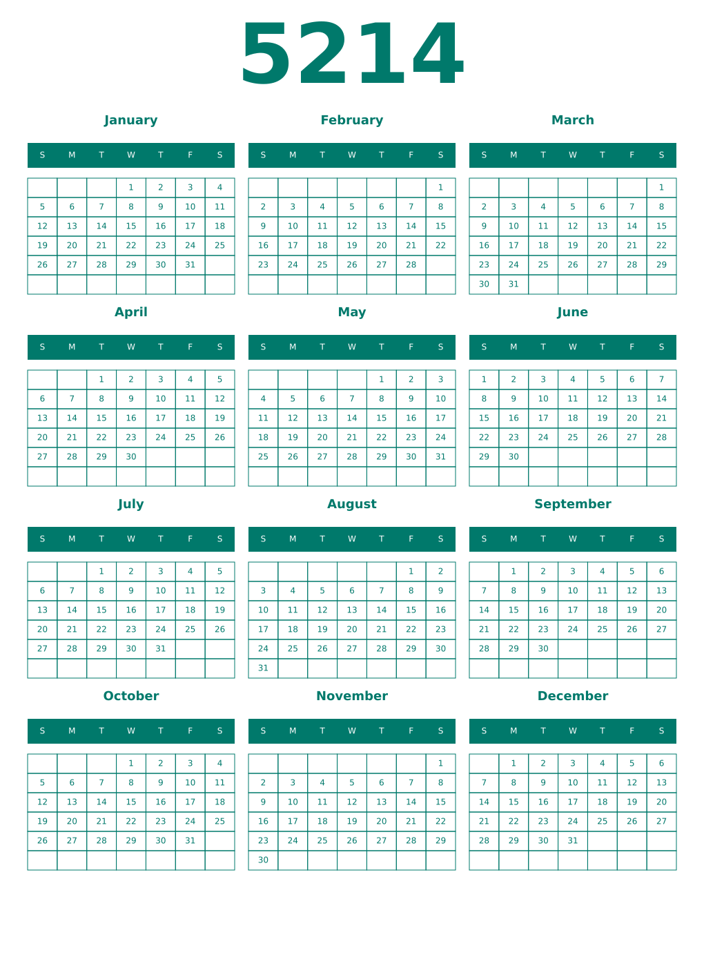 Printable 5214 Year Calendars pastel