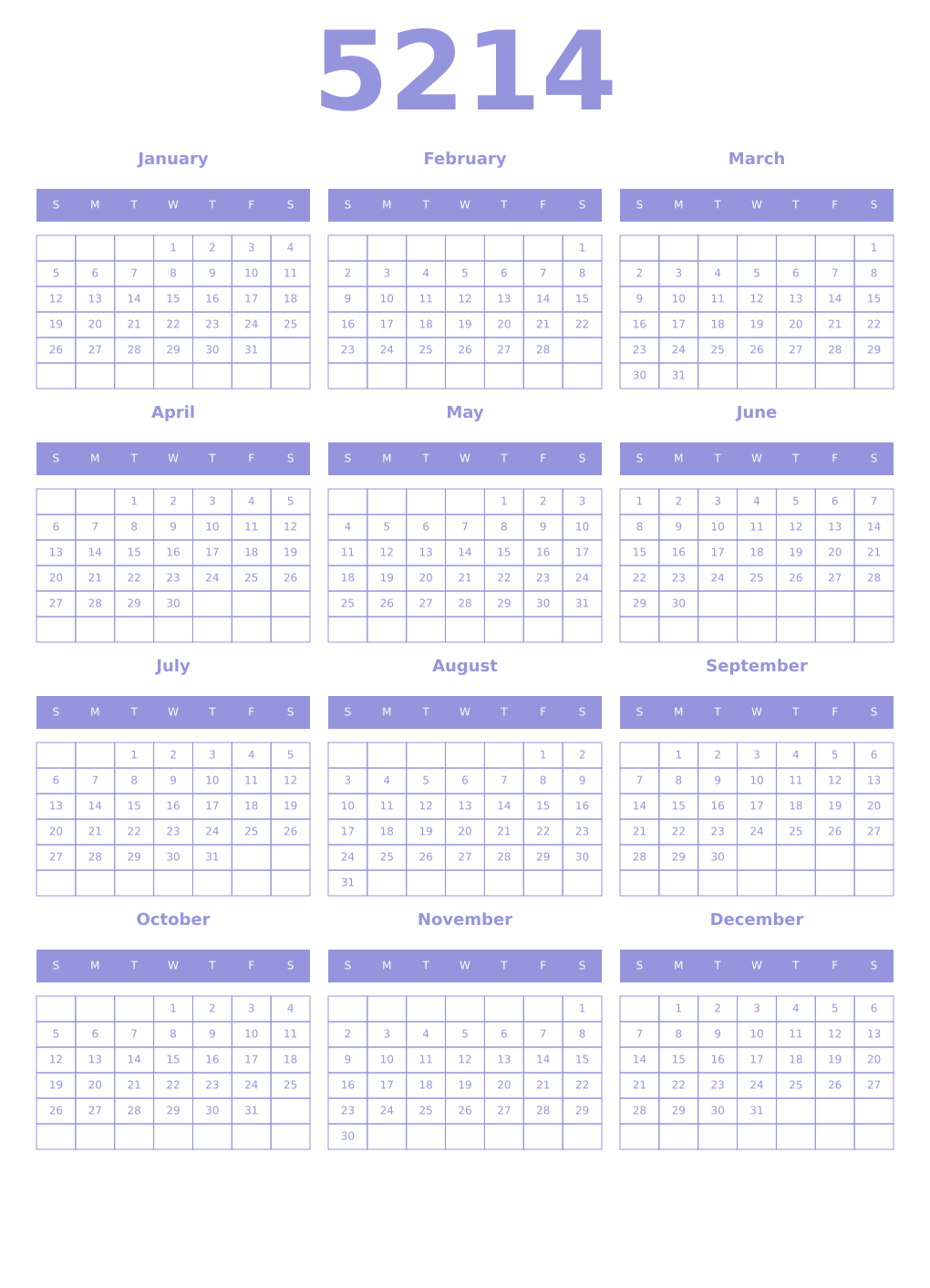 Printable 5214 Year Calendars periwinkle