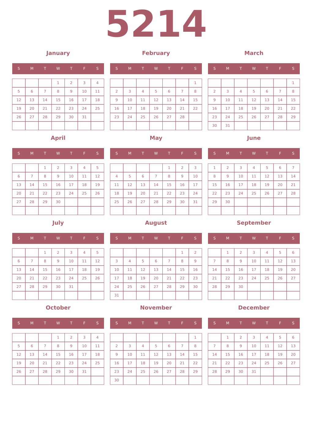 Printable 5214 Year Calendars puce