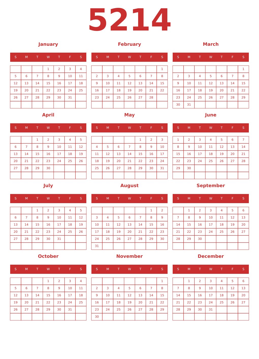 Printable 5214 Year Calendars red