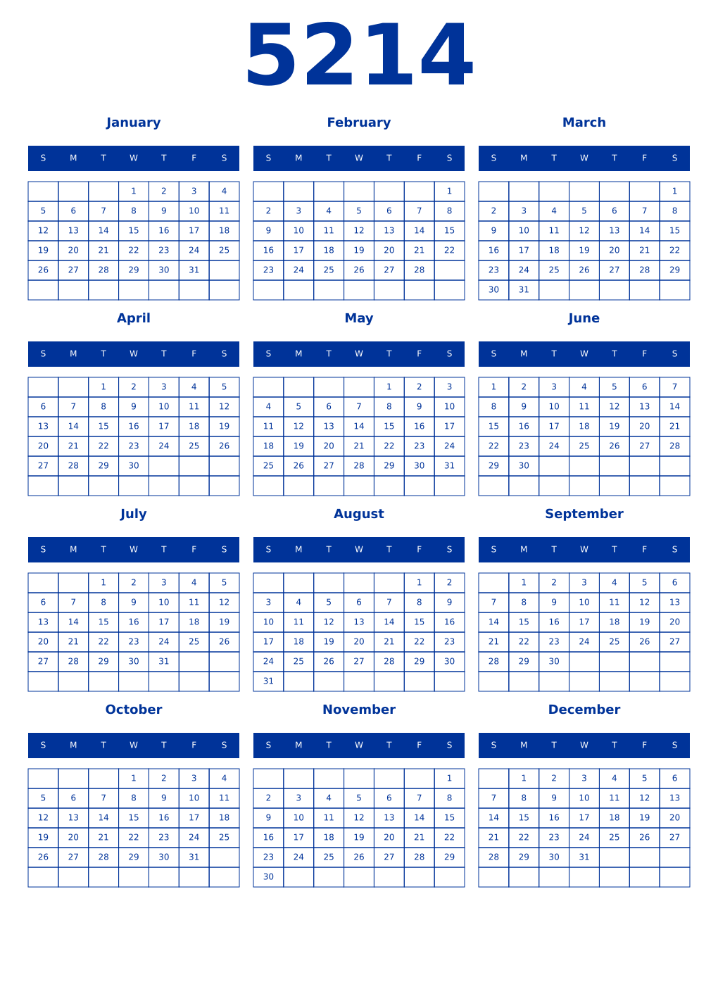 Printable 5214 Year Calendars smalt