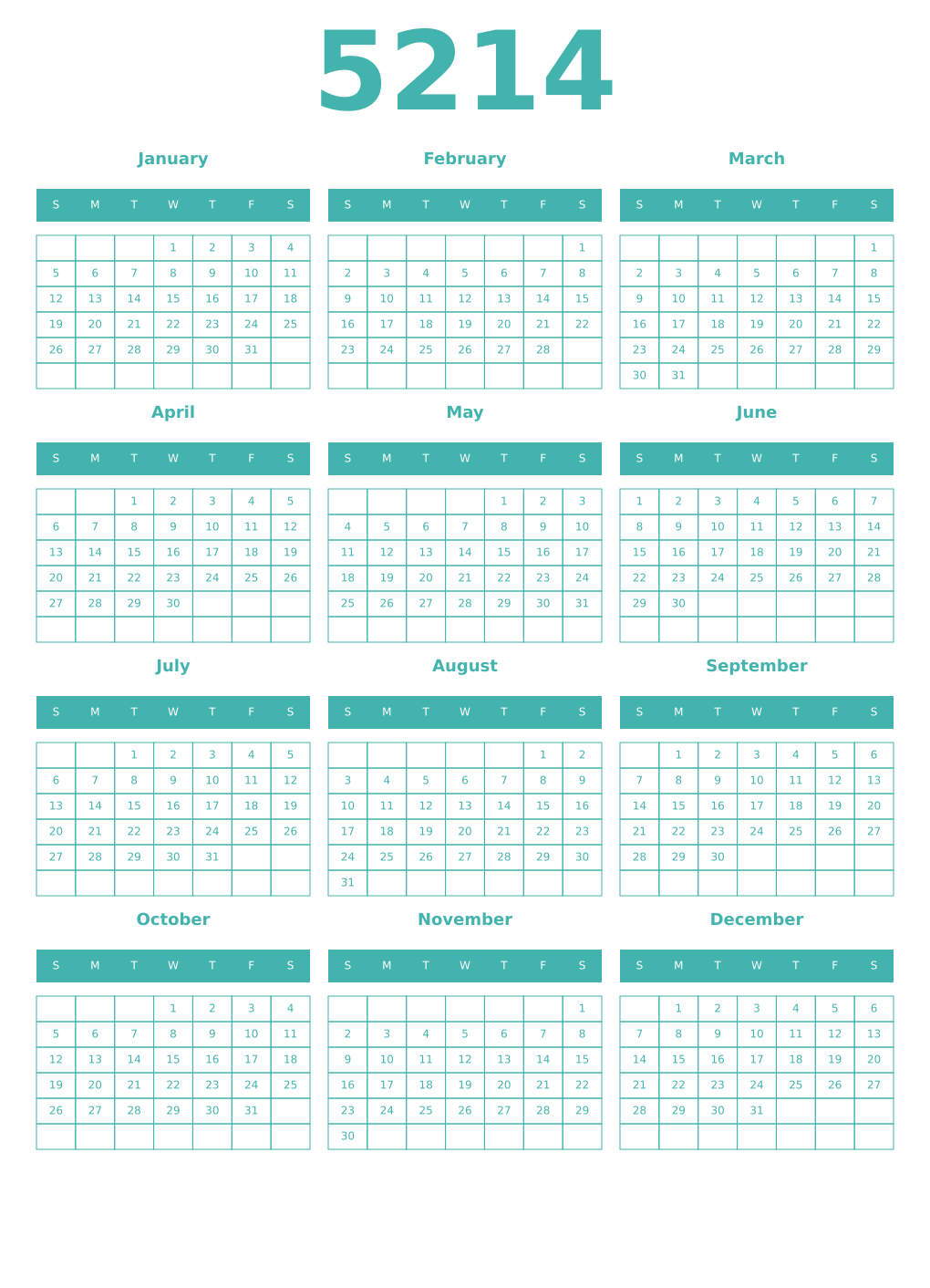 Printable 5214 Year Calendars verdigris