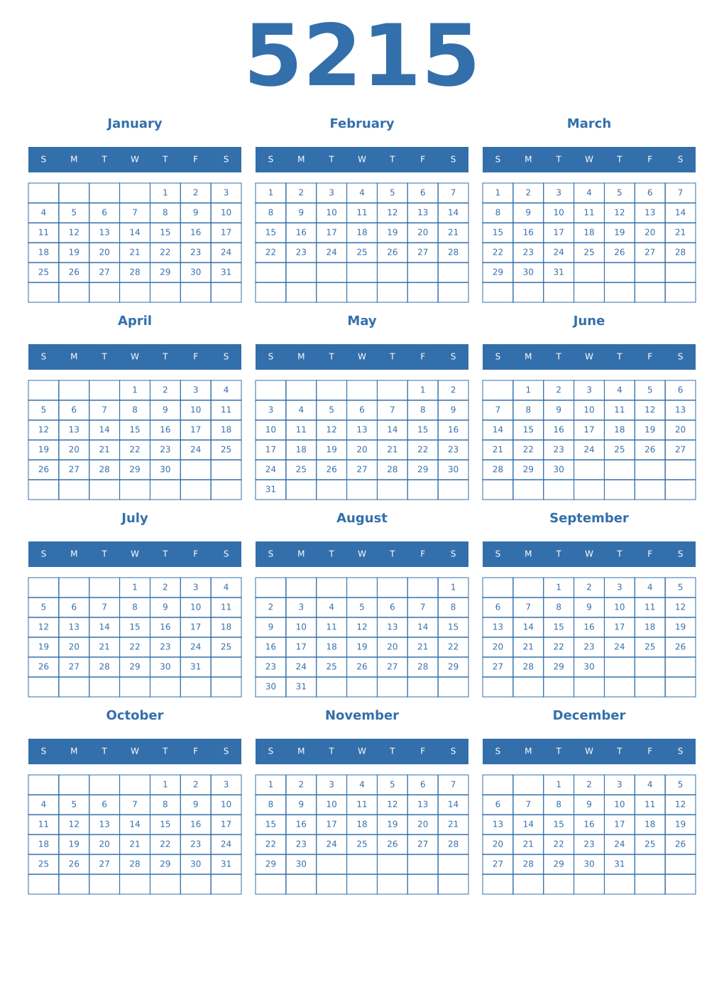 Printable 5215 Year Calendars blue