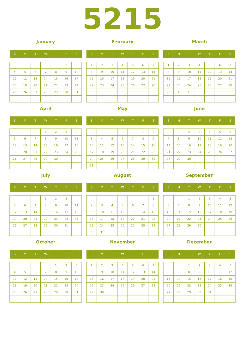 Printable 5215 Year Calendars chartreuse