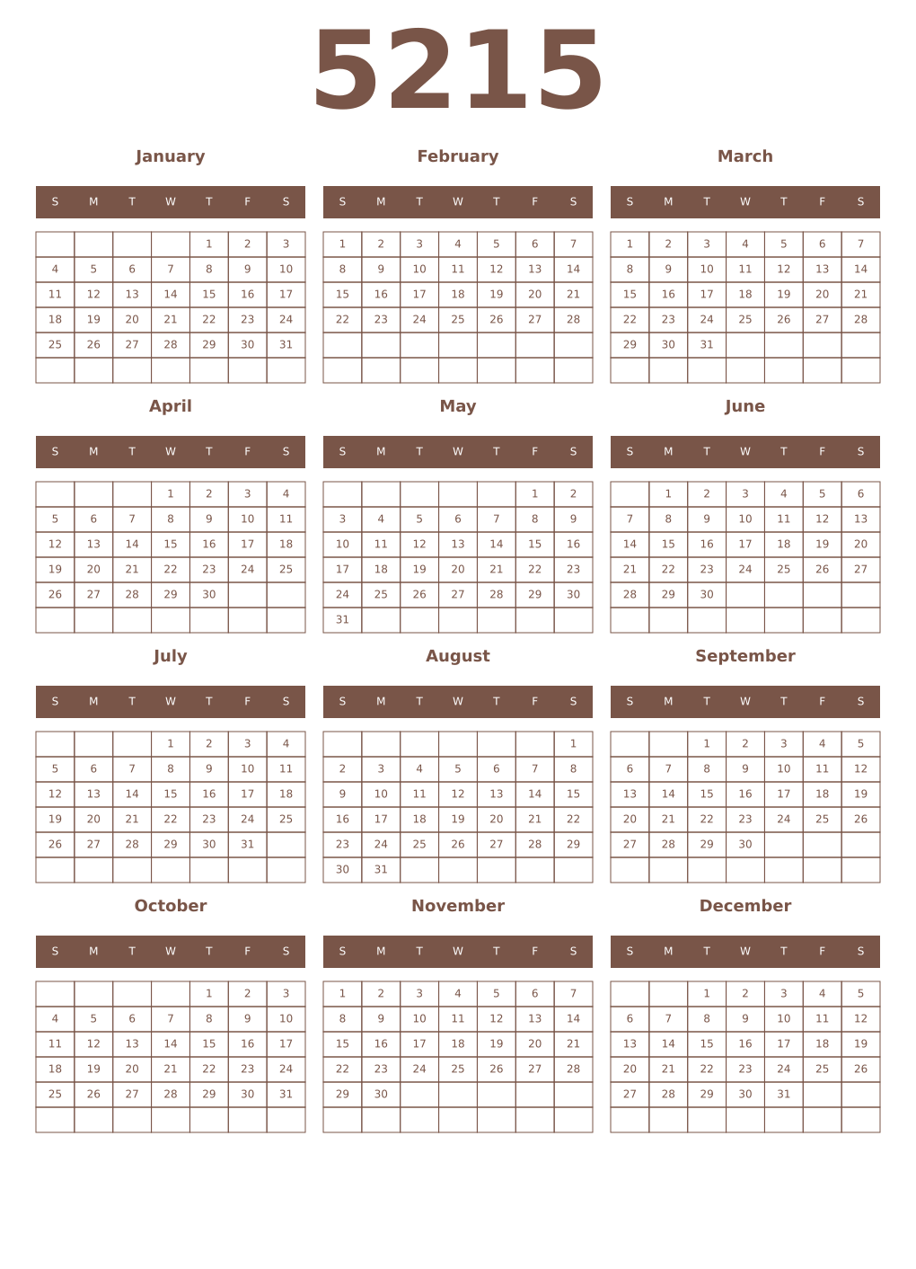 Printable 5215 Year Calendars coffe