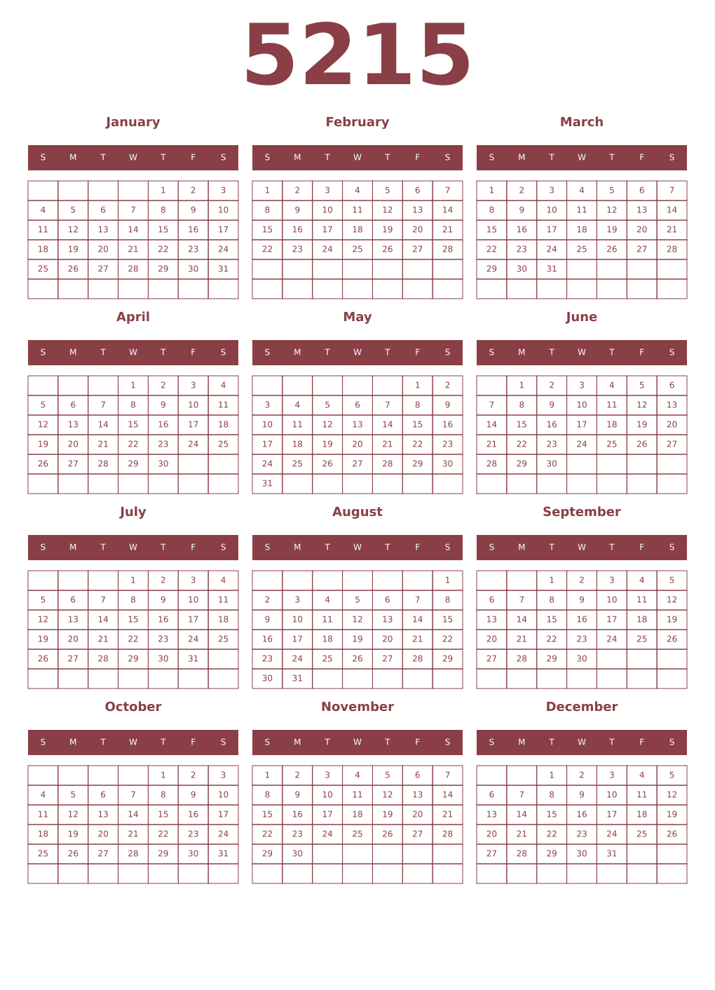 Printable 5215 Year Calendars cordovan