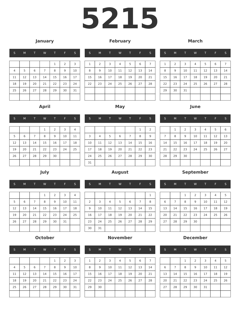 Printable 5215 Year Calendars dark
