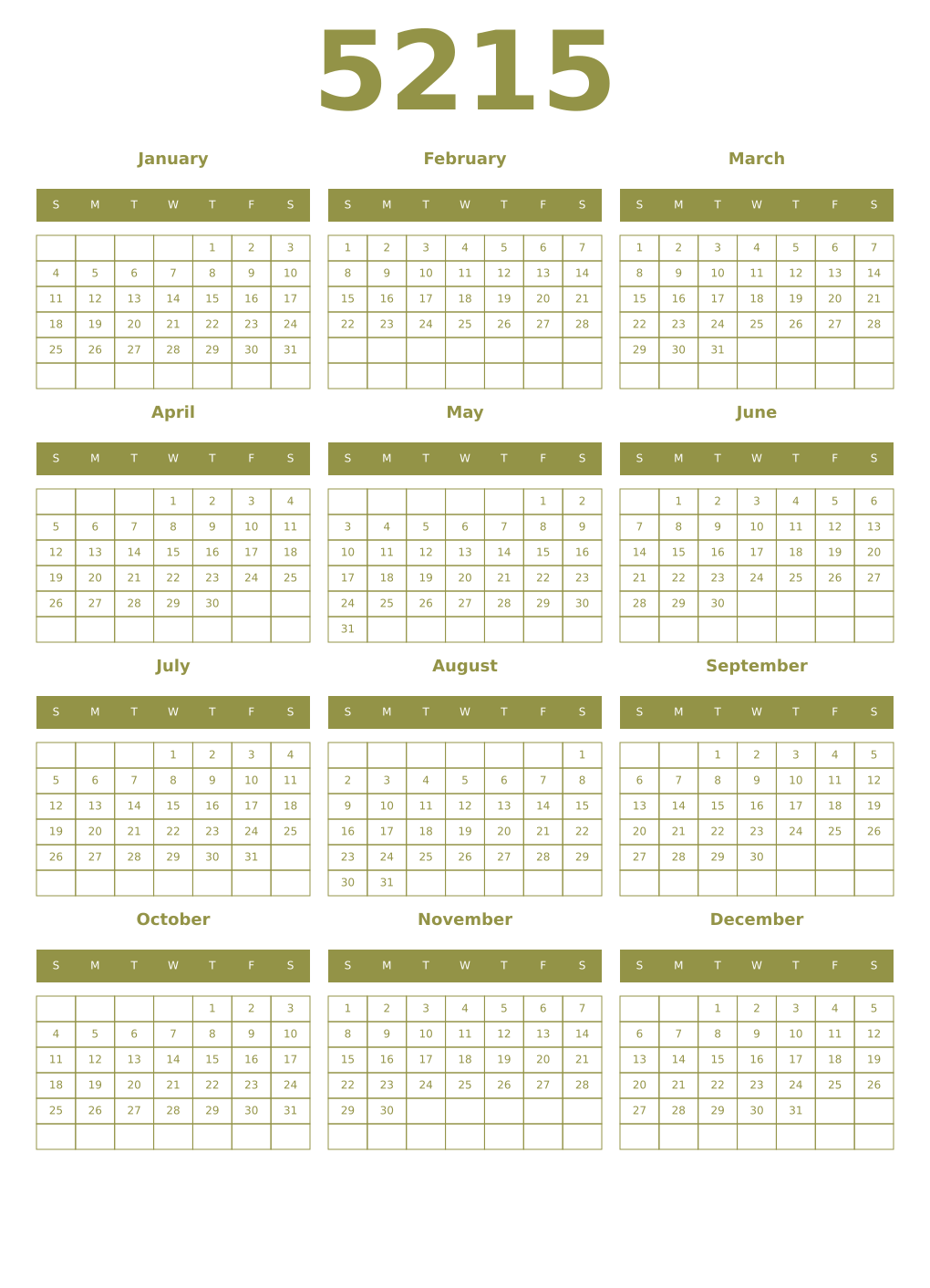 Printable 5215 Year Calendars eburnean