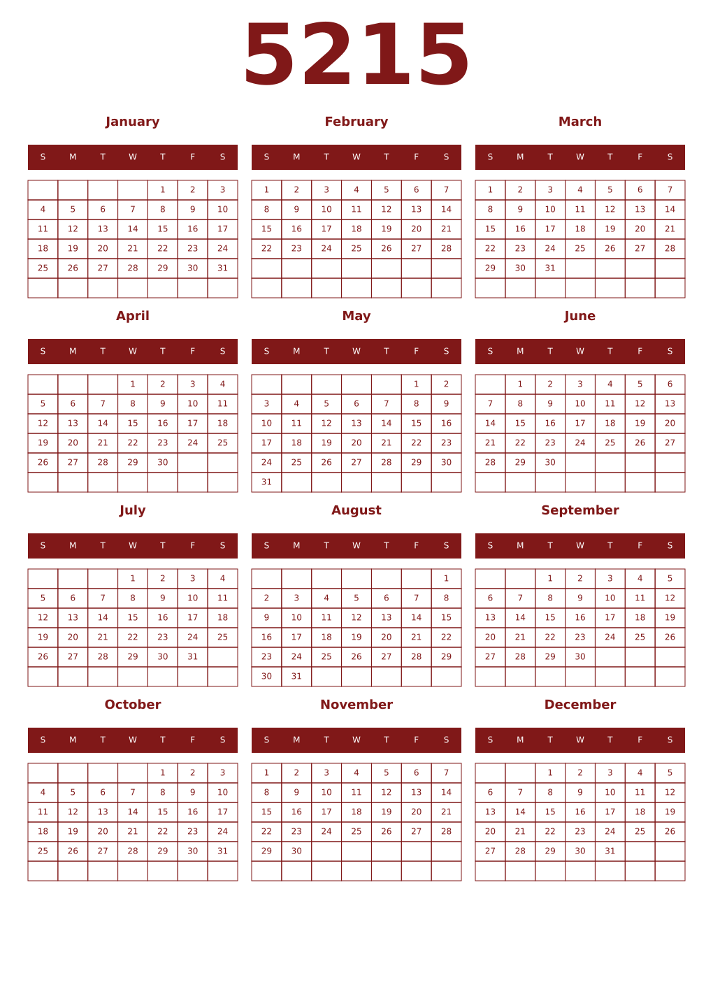 Printable 5215 Year Calendars falu