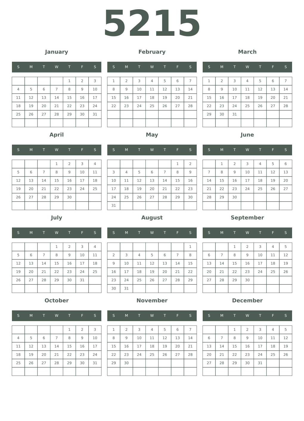 Printable 5215 Year Calendars feldgrau