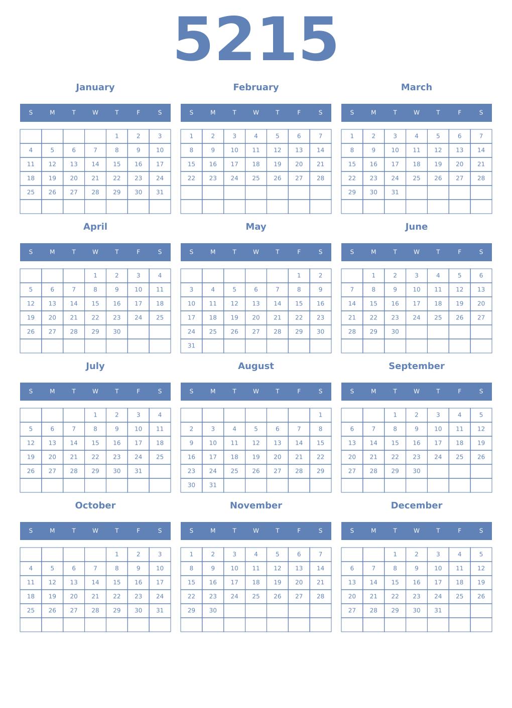 Printable 5215 Year Calendars glaucous
