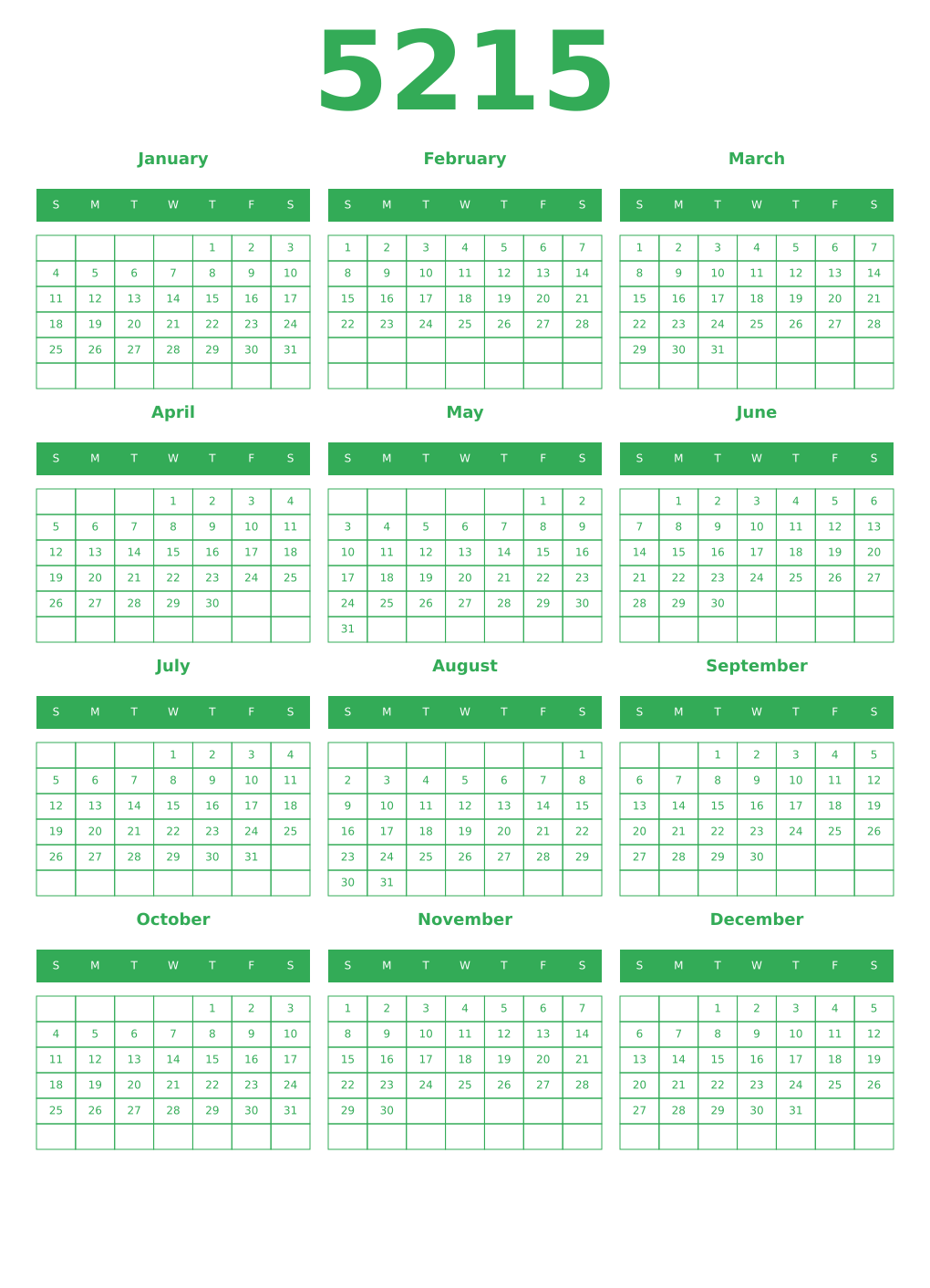 Printable 5215 Year Calendars green