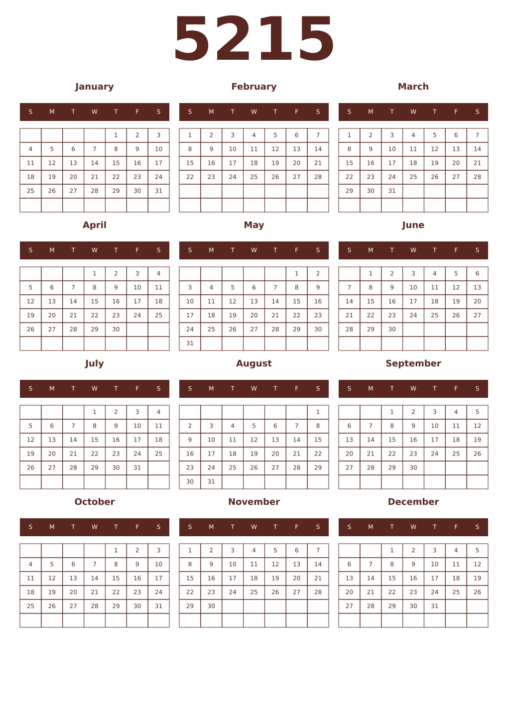 Printable 5215 Year Calendars mortuum