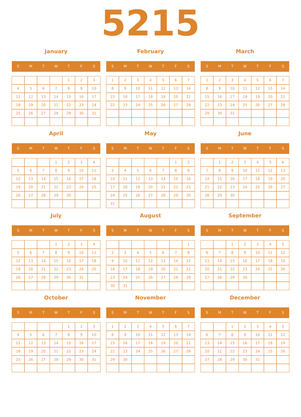 Printable 5215 Year Calendars orange