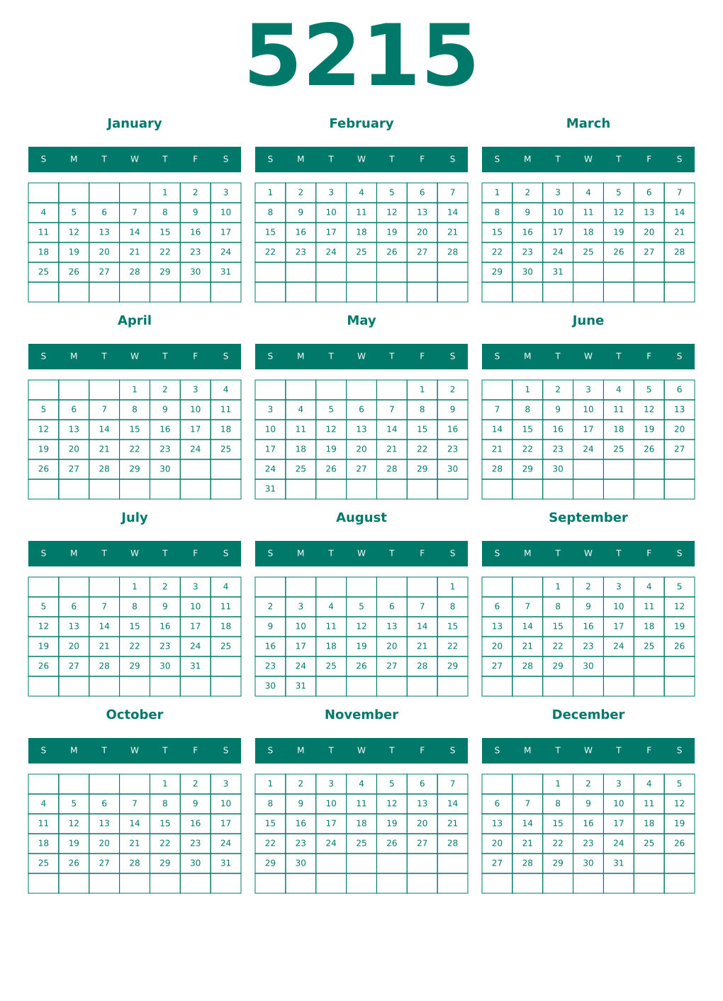 Printable 5215 Year Calendars pastel