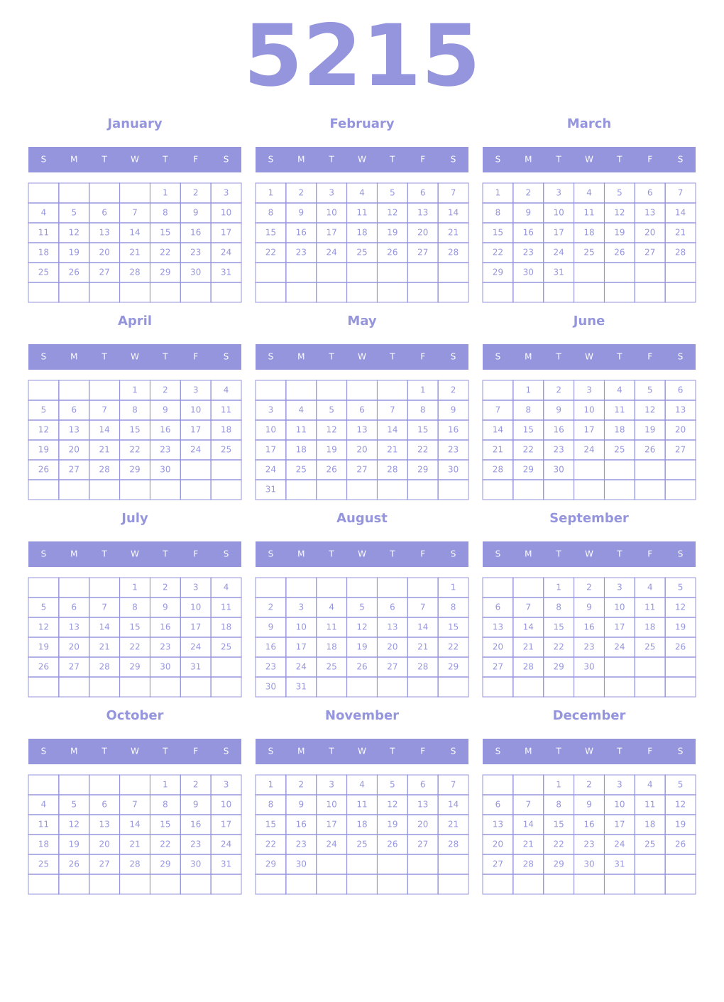 Printable 5215 Year Calendars periwinkle
