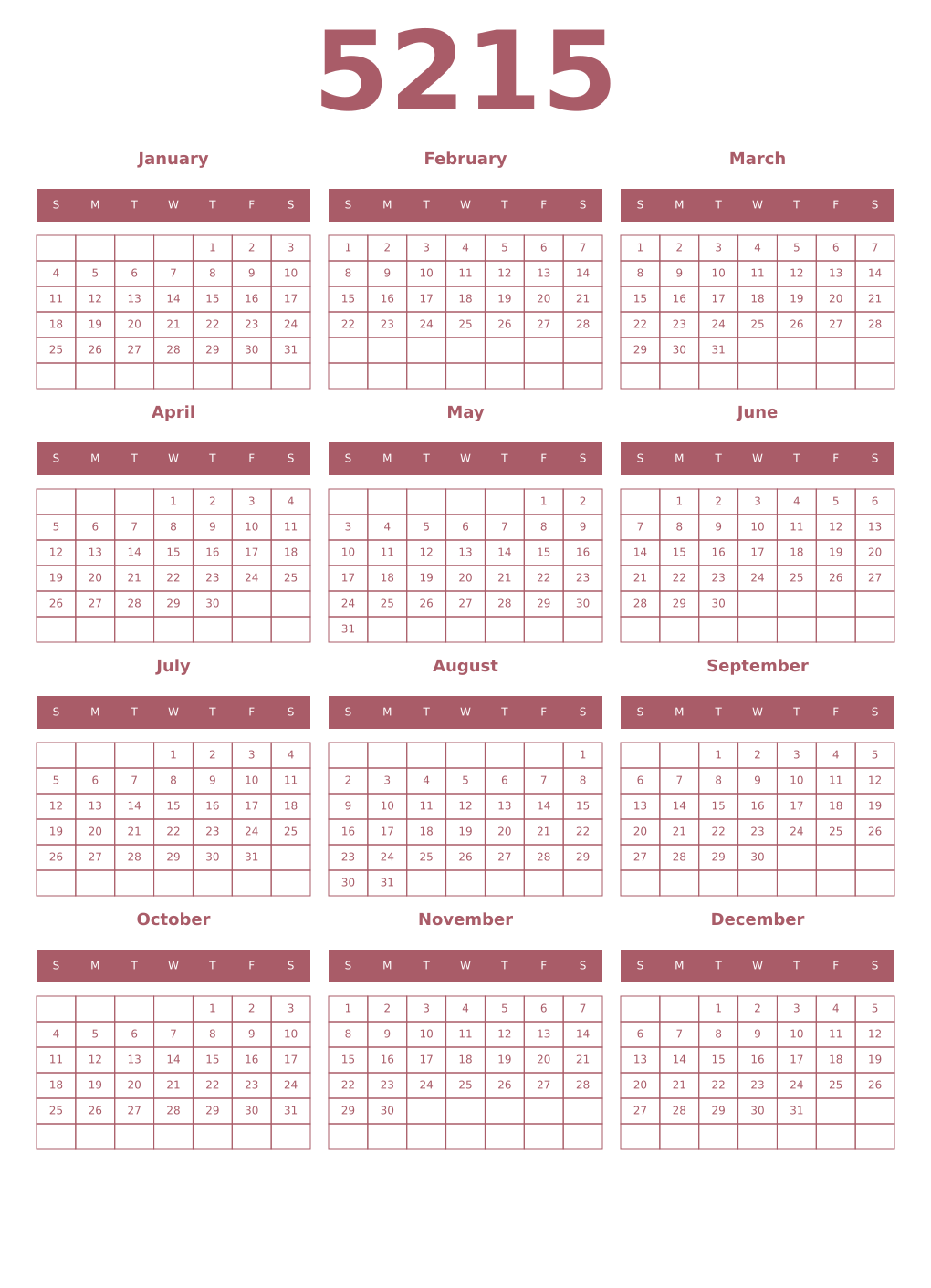 Printable 5215 Year Calendars puce