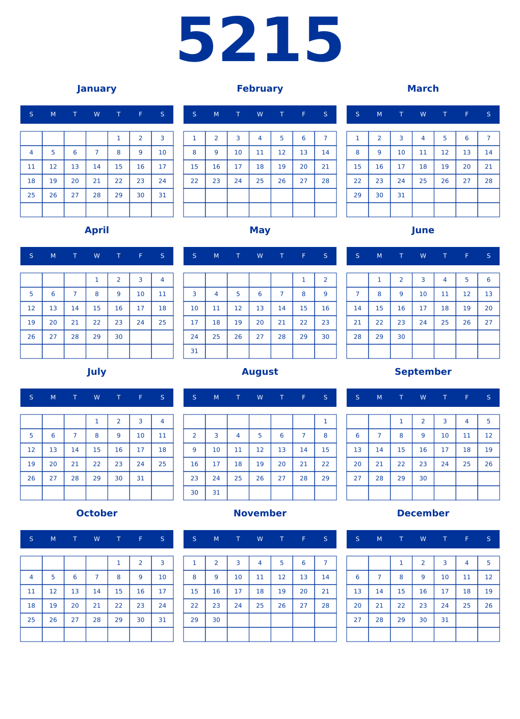 Printable 5215 Year Calendars smalt