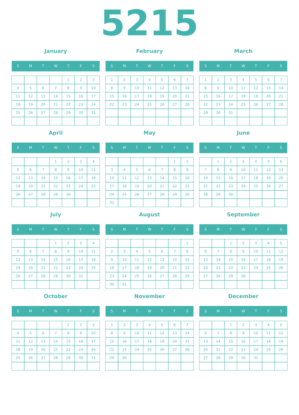 Printable 5215 Year Calendars verdigris