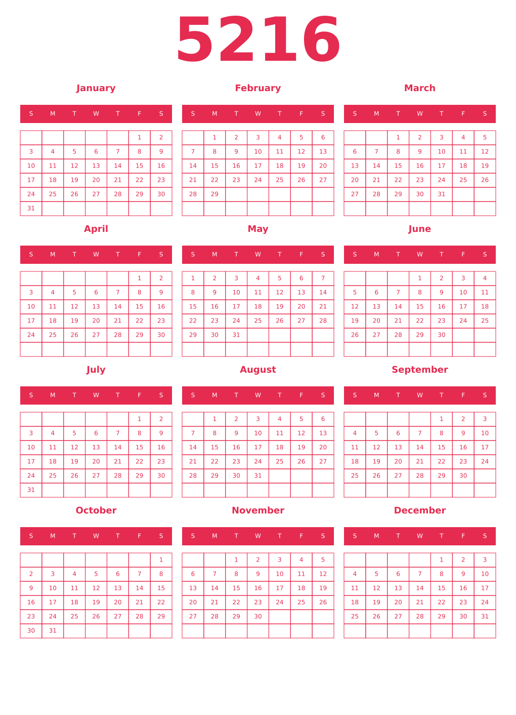 Printable 5216 Year Calendars amaranth