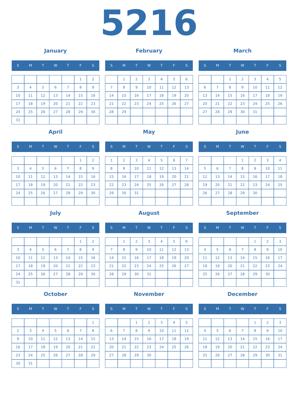 Printable 5216 Year Calendars blue
