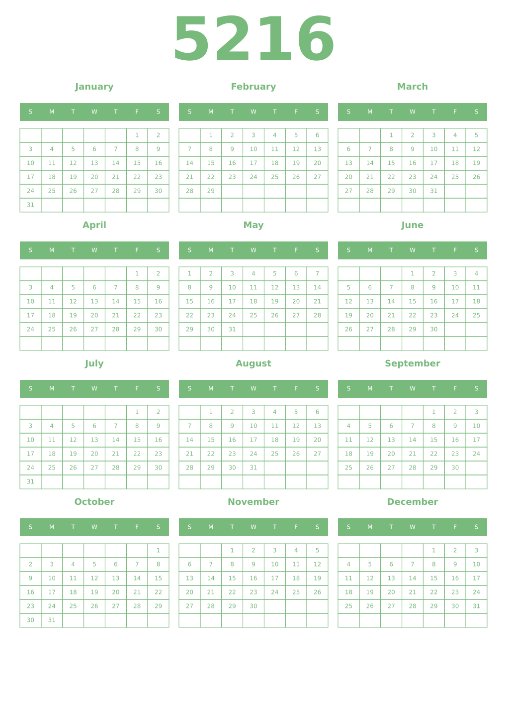 Printable 5216 Year Calendars celadon
