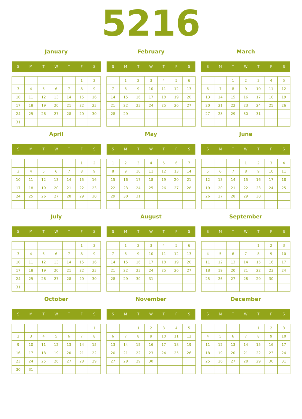 Printable 5216 Year Calendars chartreuse