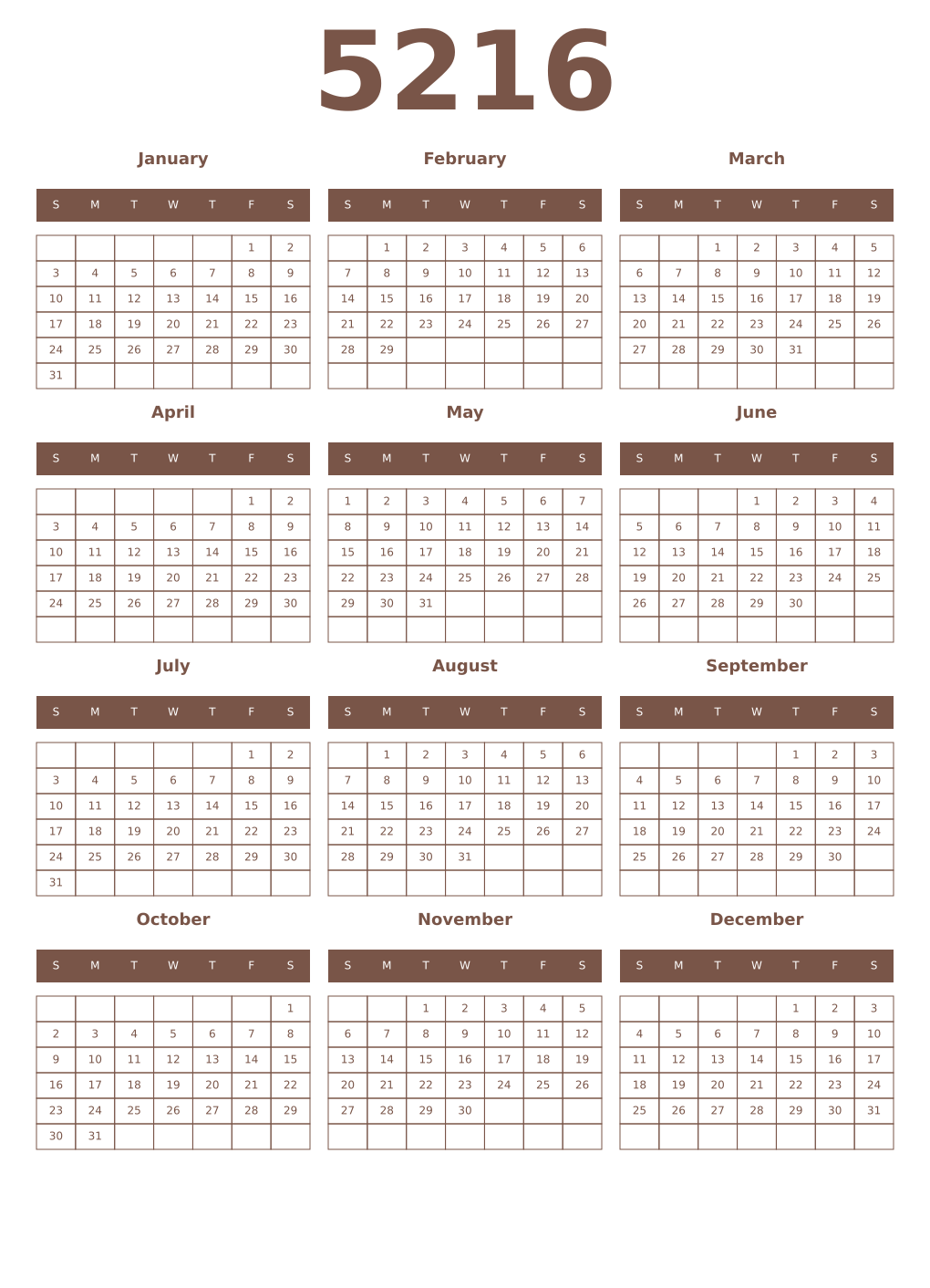 Printable 5216 Year Calendars coffe