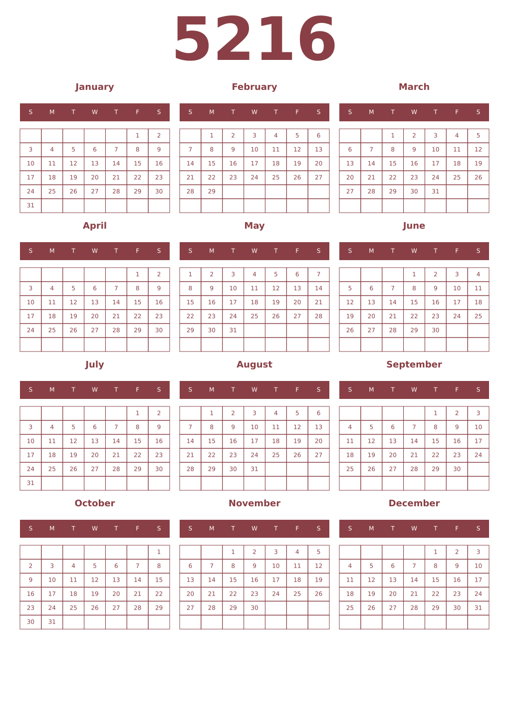 Printable 5216 Year Calendars cordovan