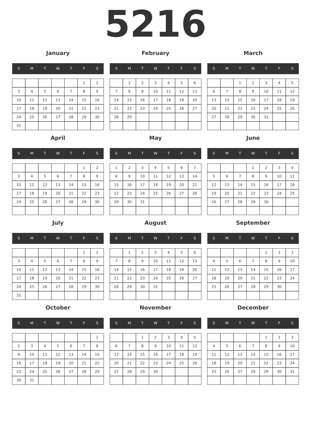 Printable 5216 Year Calendars dark