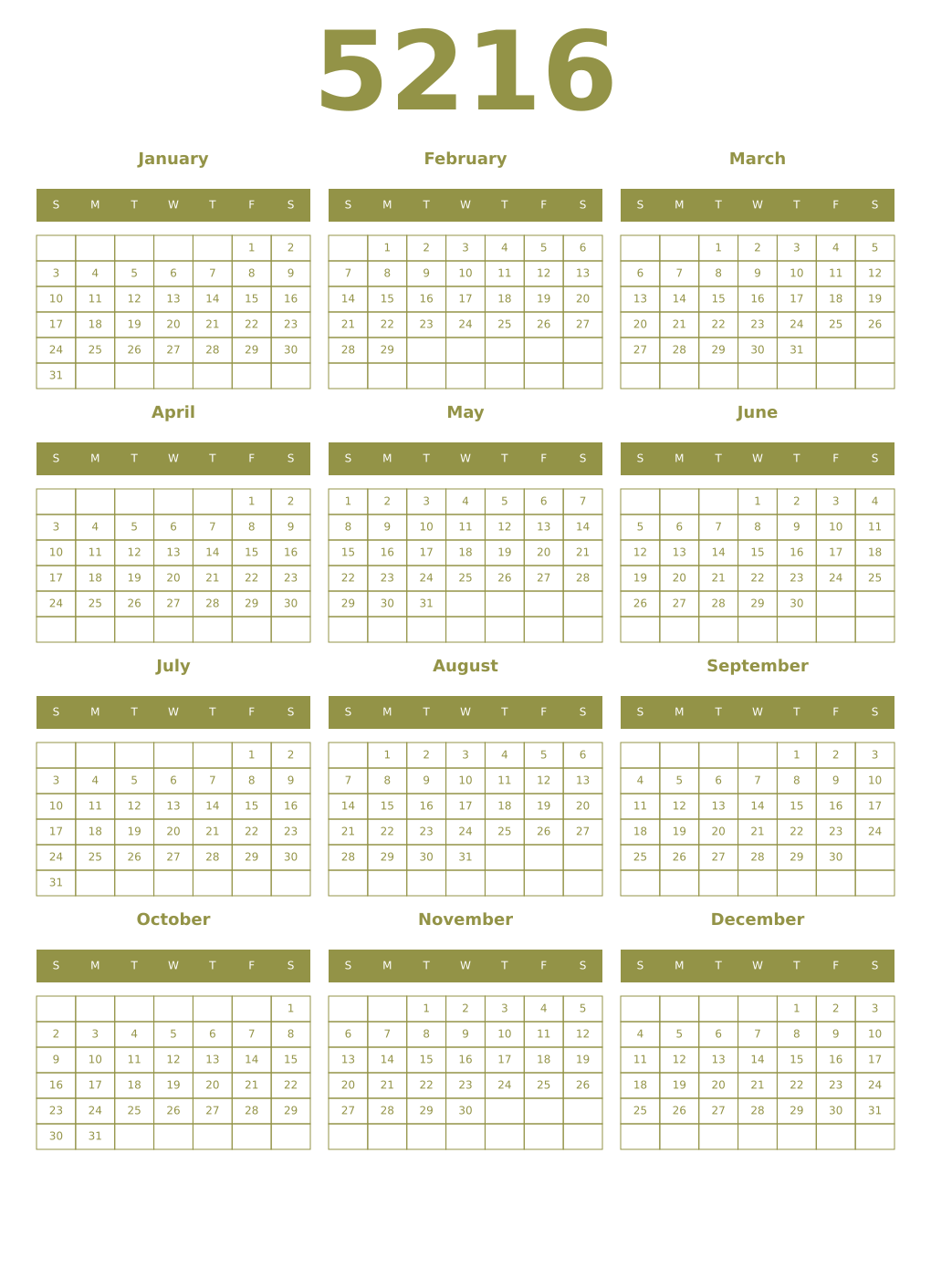 Printable 5216 Year Calendars eburnean