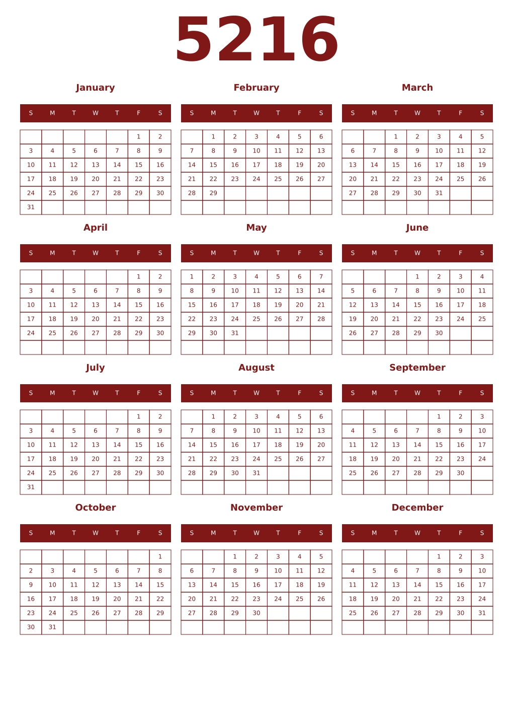 Printable 5216 Year Calendars falu