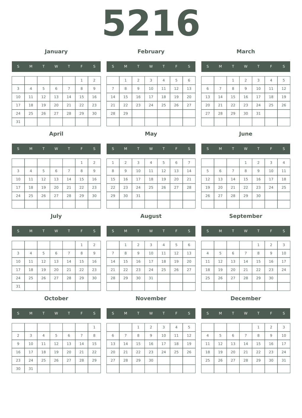 Printable 5216 Year Calendars feldgrau