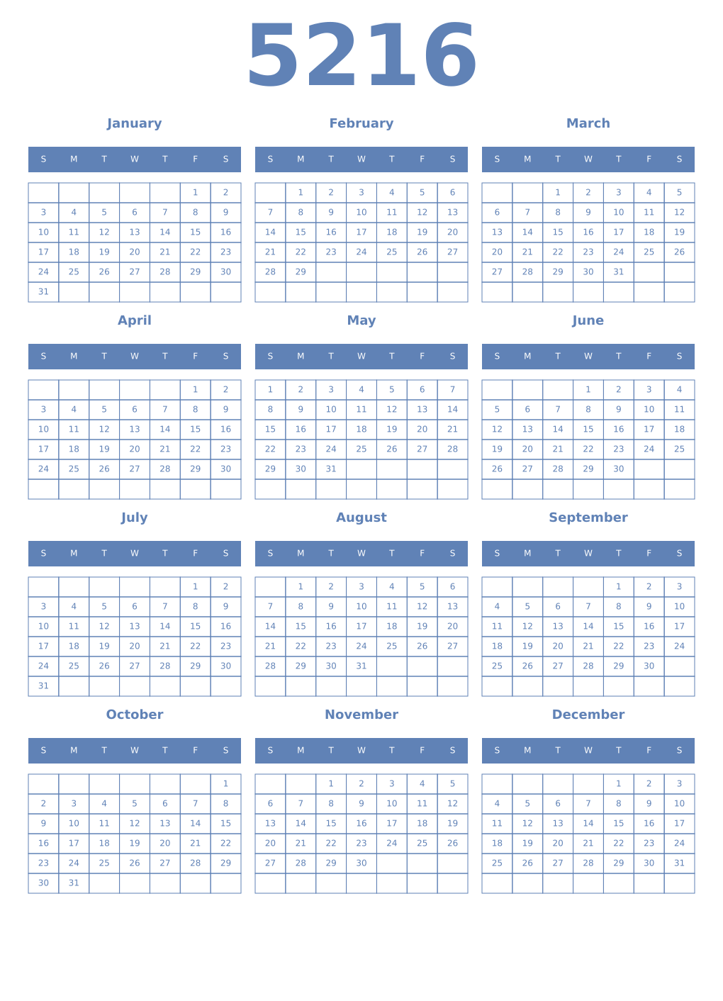 Printable 5216 Year Calendars glaucous