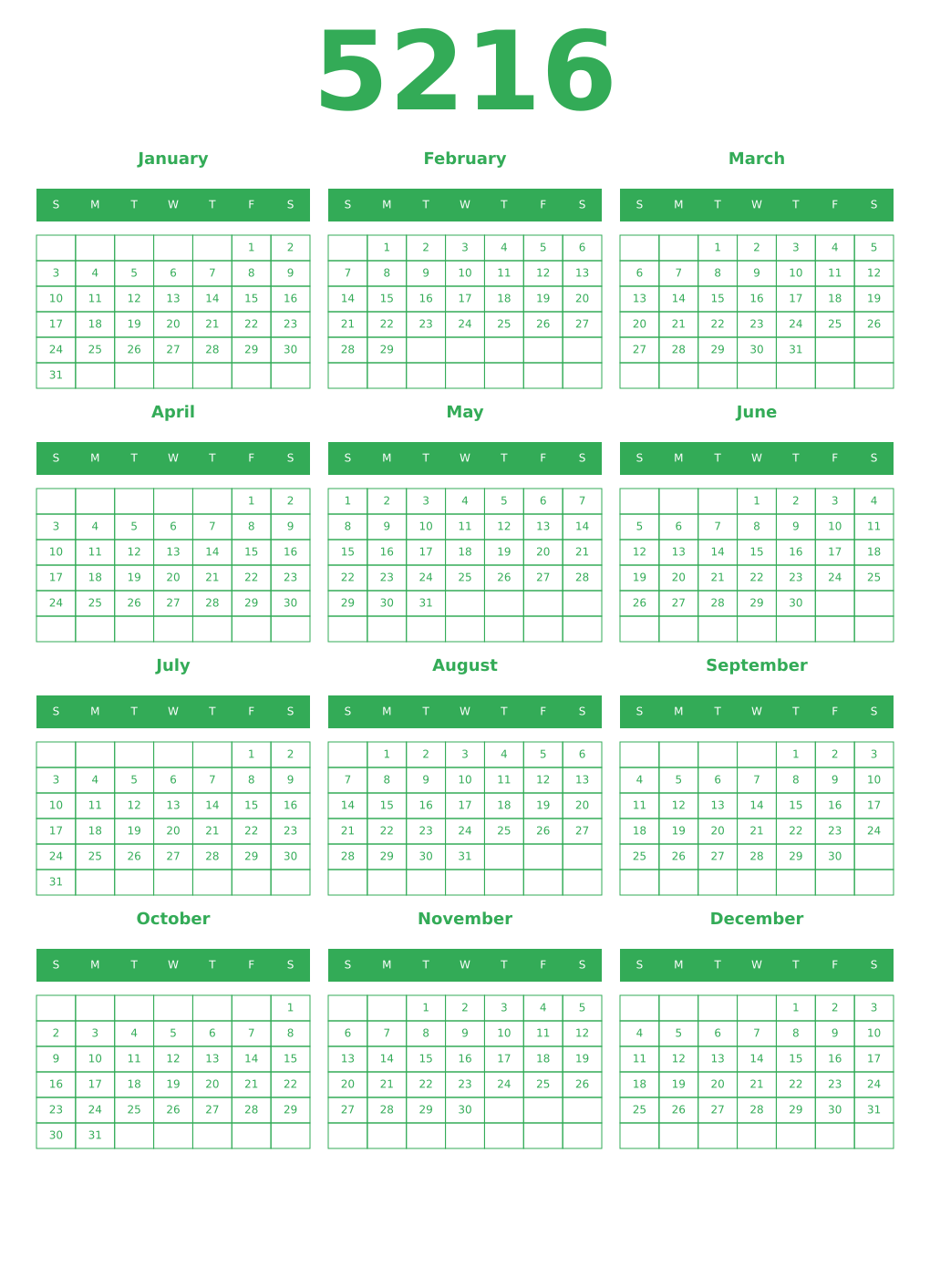 Printable 5216 Year Calendars green