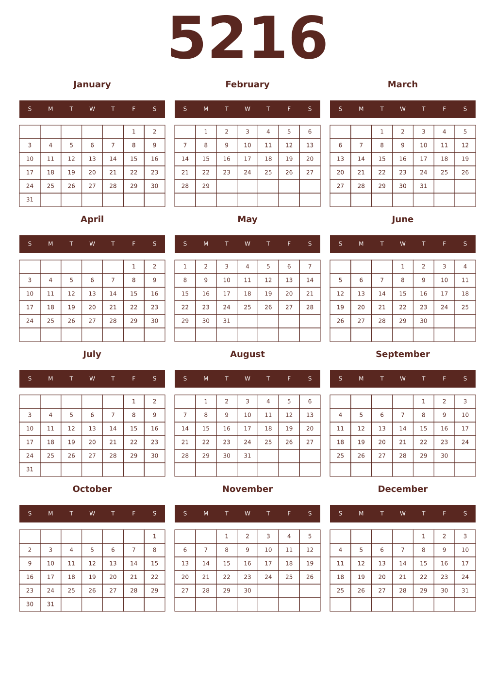 Printable 5216 Year Calendars mortuum
