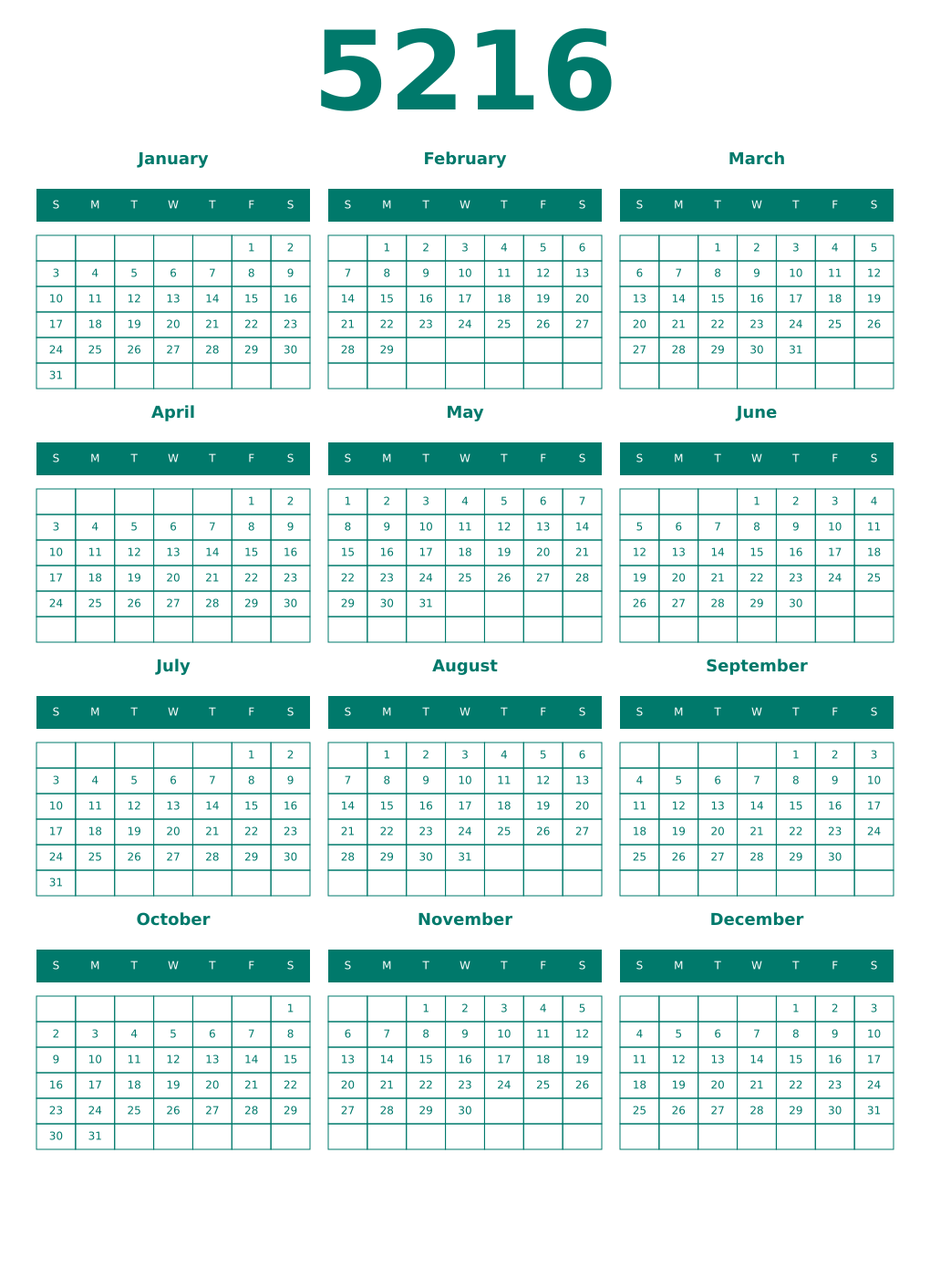 Printable 5216 Year Calendars pastel