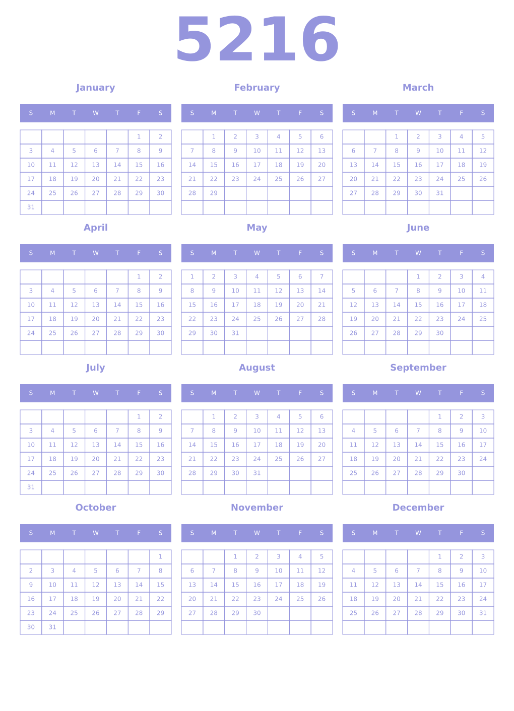 Printable 5216 Year Calendars periwinkle