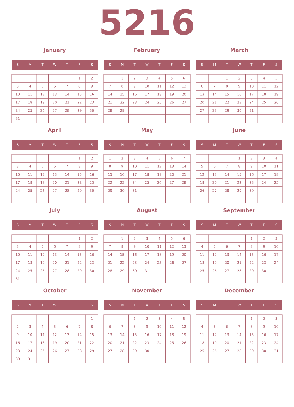 Printable 5216 Year Calendars puce