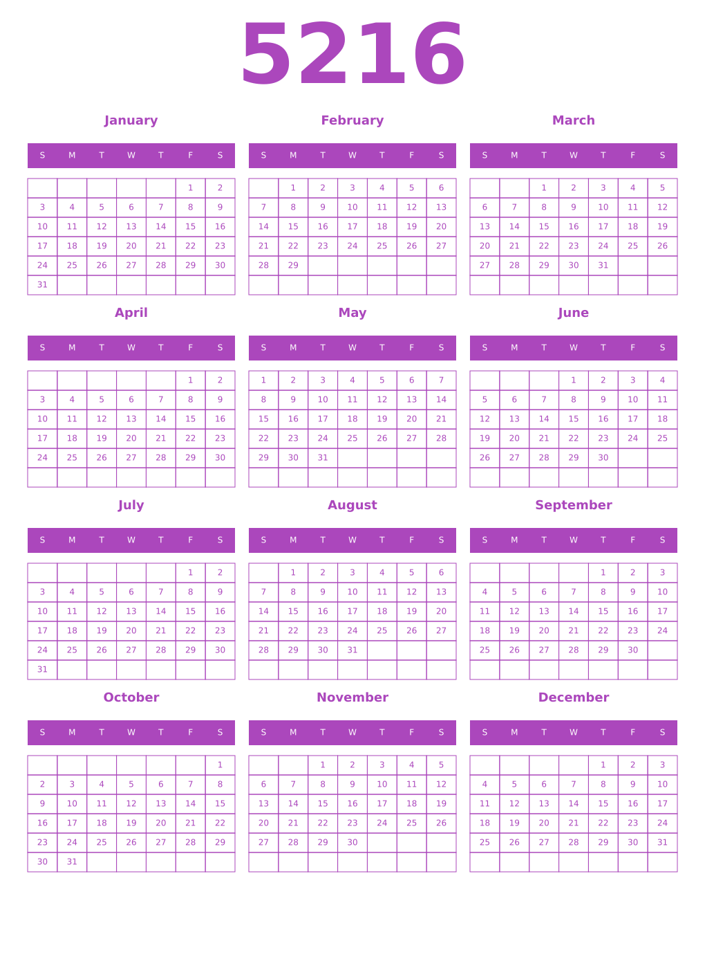 Printable 5216 Year Calendars purple