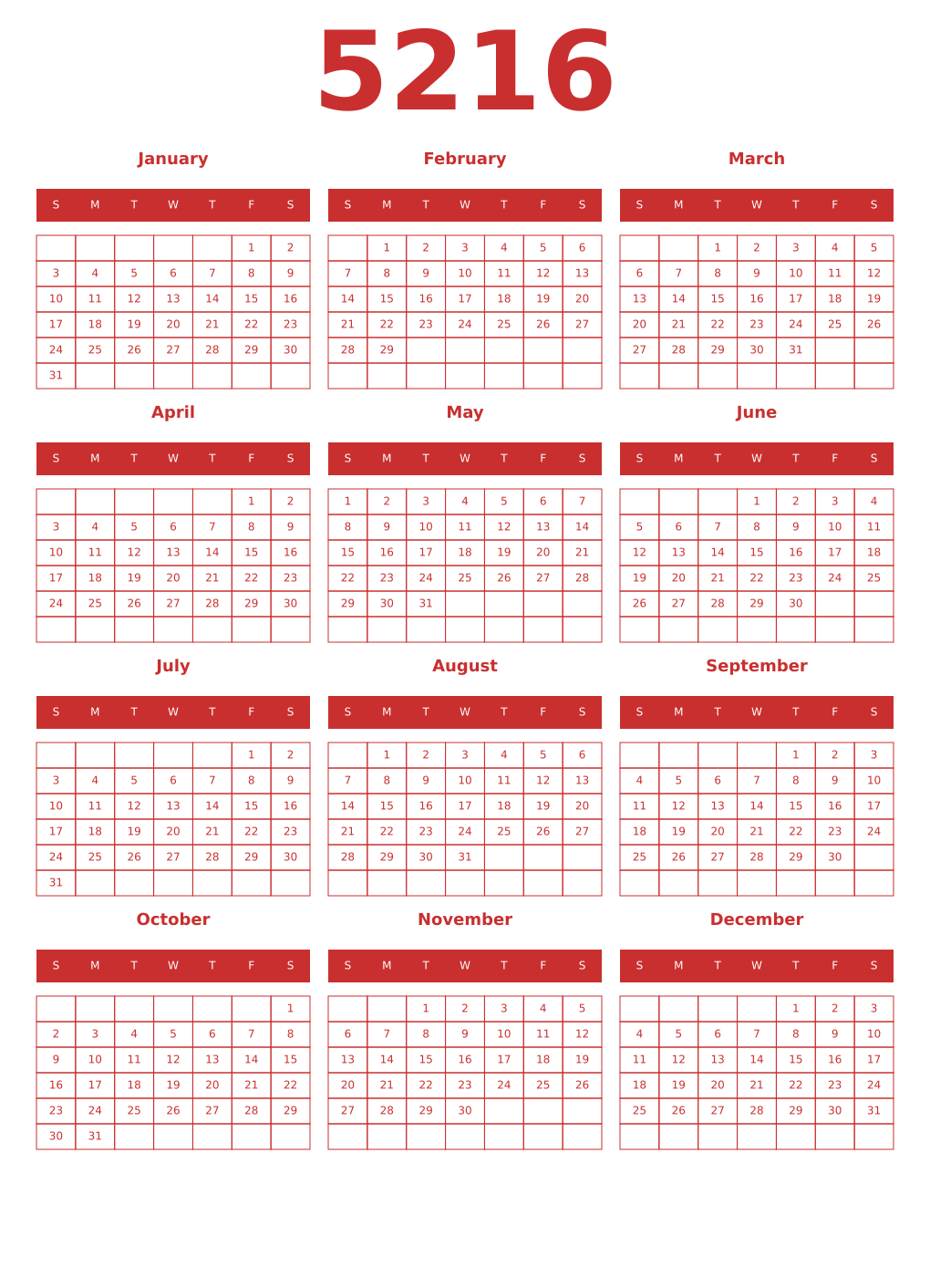 Printable 5216 Year Calendars red